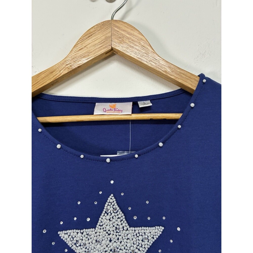 Quacker Factory T Shirt Size Large Blue Star Rhinestones Short Sleeve - Picture 4 of 12